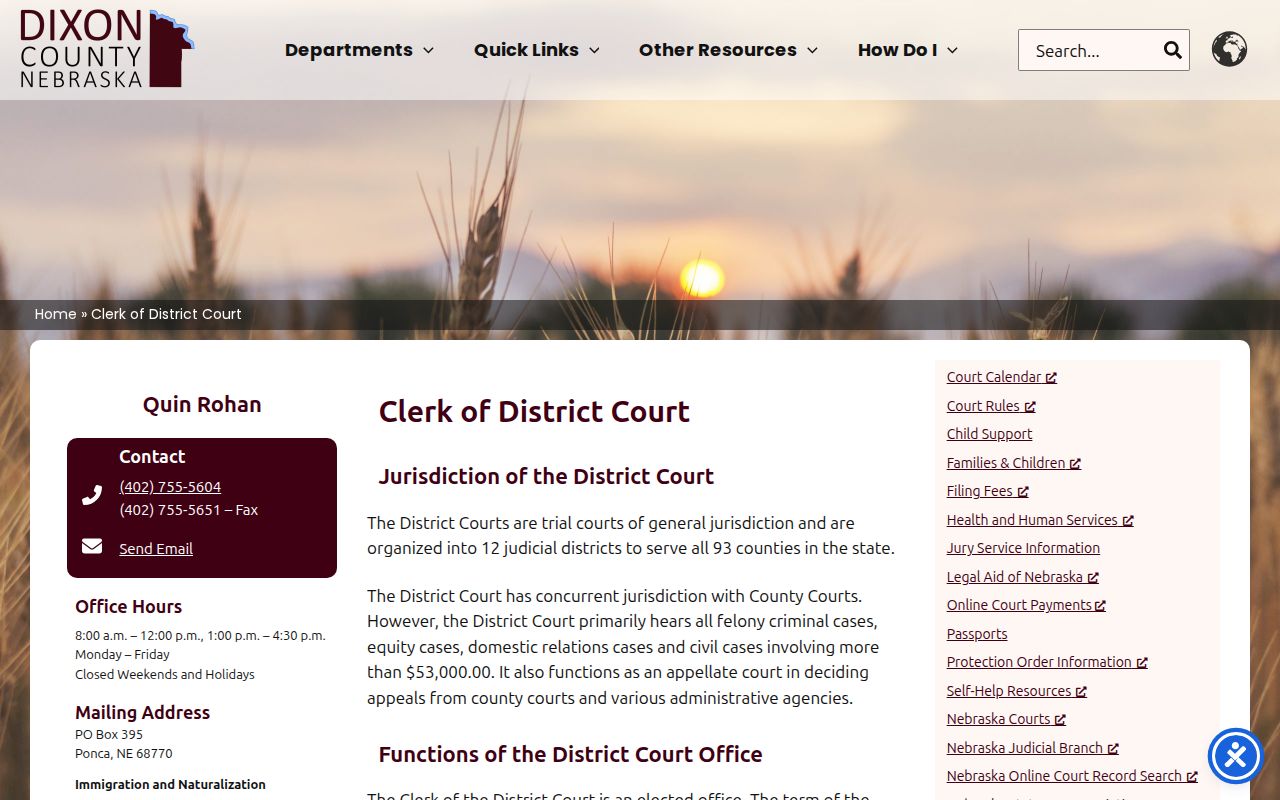 Dixon County court case records at the District Court Clerk