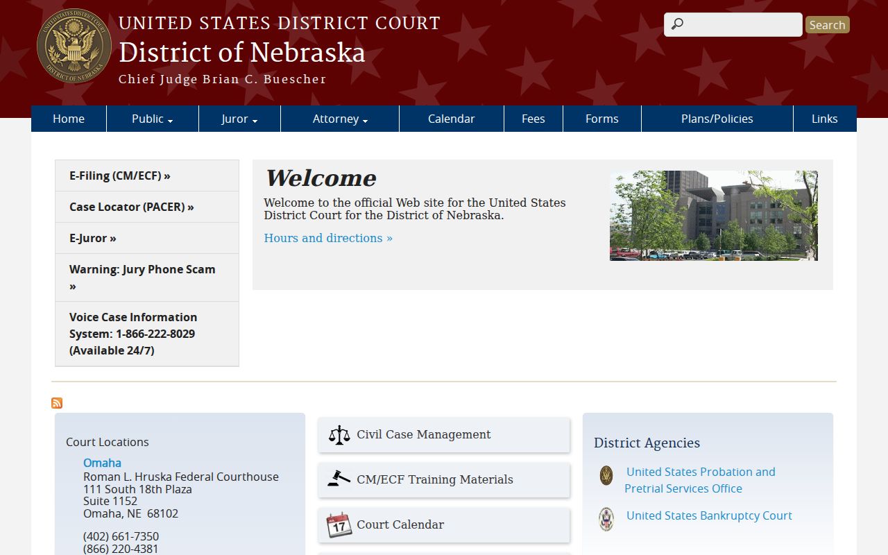 Official District of Nebraska federal court page for cases outside Ponca county jurisdiction
